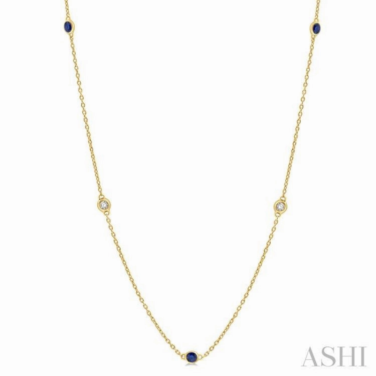 2.25 MM Sapphire and 1/4 Ctw Round Cut Diamond Precious Station Necklace in 14K Yellow Gold