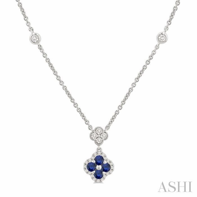 2.4 MM Round Shape Sapphire and 1/4 Ctw Clover Round Cut Diamond Station Necklace in 14K White Gold