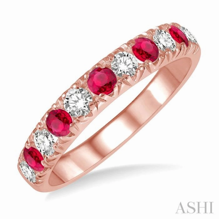2.6 MM Ruby and 3/8 ctw Round Cut Diamond Precious Wedding Band in 14K rose Gold