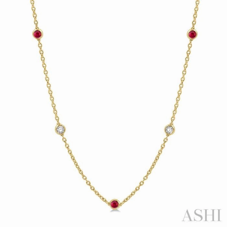 2.85 MM Ruby and 1/2 Ctw Round Cut Diamond Precious Station Necklace in 14K Yellow Gold
