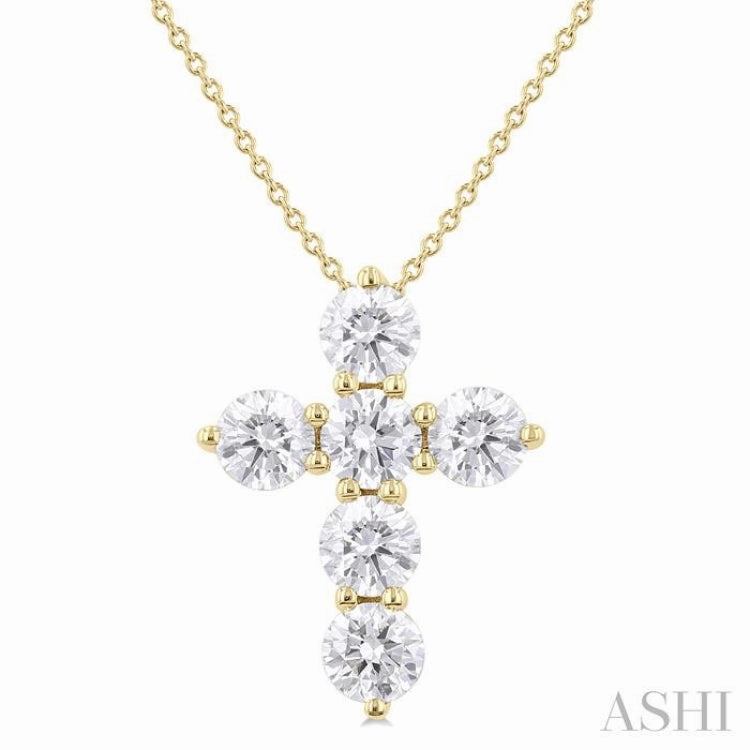 2 ctw Round Cut Diamond Christian Cross 6-Stone Fashion Pendant With Chain in 14K Yellow Gold