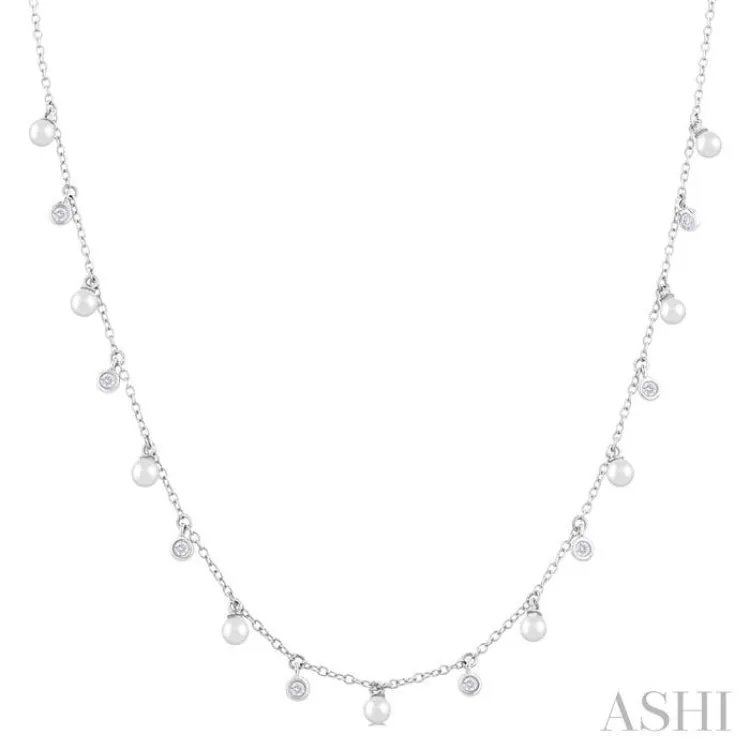 3 MM Round Shape Cultured Pearl and 1/6 Ctw Round Cut Diamond Station Necklace in 14K White Gold