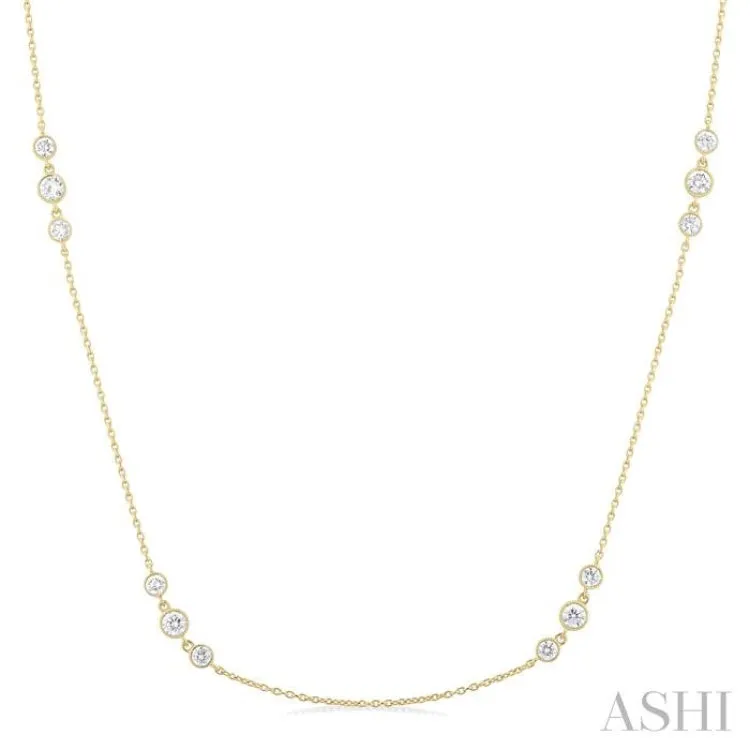 3/4 Ctw Three Stone Bezel Set Round Cut Diamond Station Necklace in 14K Yellow Gold