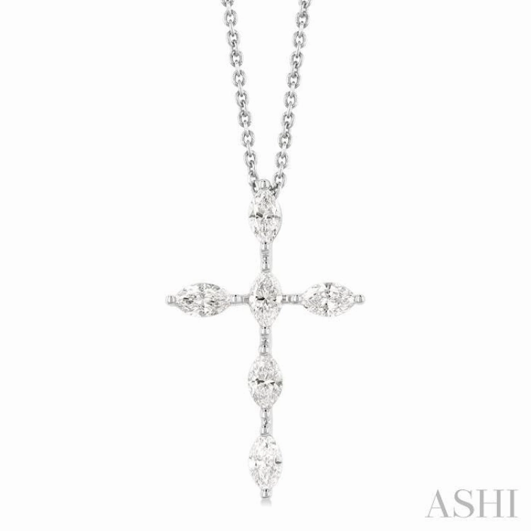 3/4 ctw Cross 6-Stone Marquise Cut Diamond Fashion Pendant With Chain in 14K White Gold