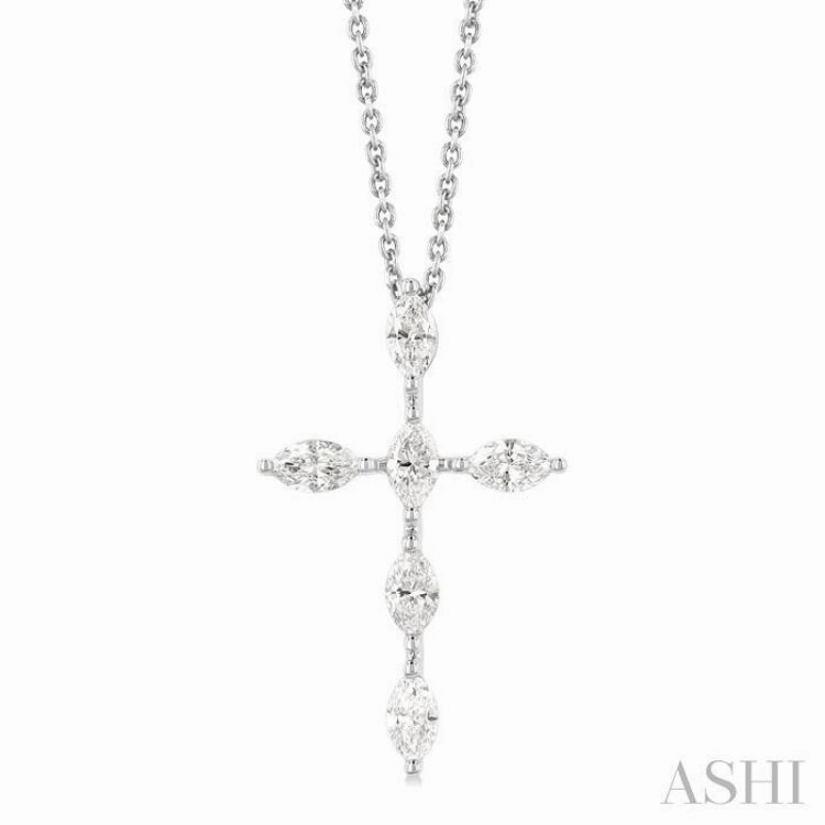 3/4 ctw Cross 6-Stone Marquise Cut Diamond Fashion Pendant With Chain in 14K White Gold
