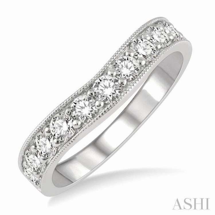 3/4 ctw Curved Center Milgrain Border Round Cut Diamond Wedding Band in 14K White Gold