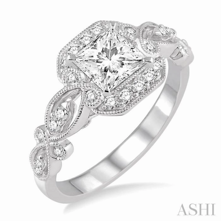 3/4 ctw Diamond Engagement Ring with 1/2 ct Princess Cut Center Stone in 14K White Gold