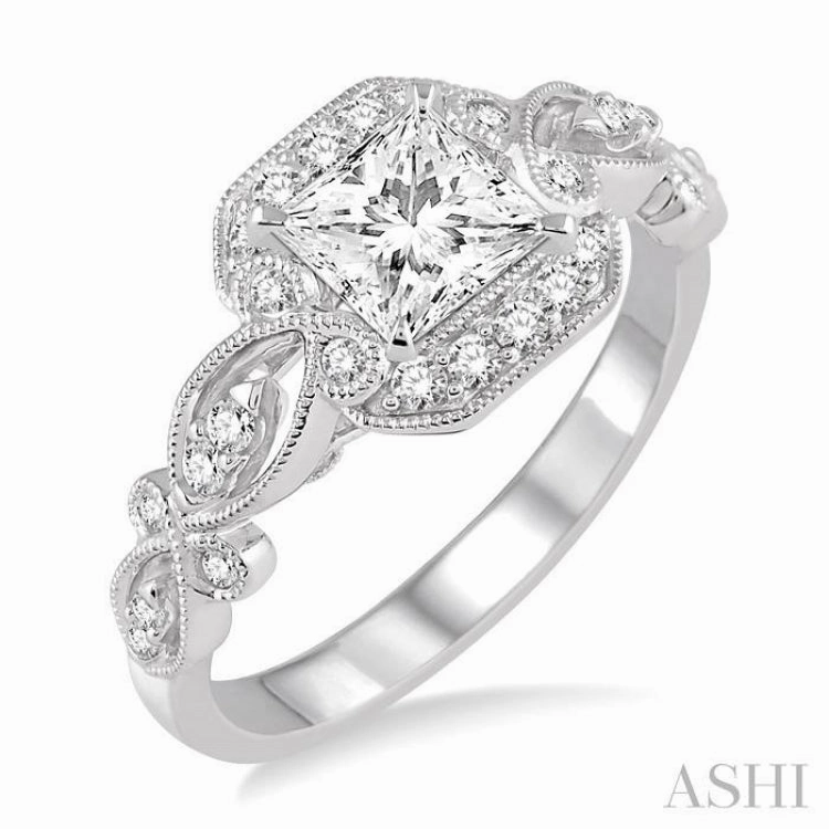 3/4 ctw Diamond Engagement Ring with 1/2 ct Princess Cut Center Stone in 14K White Gold