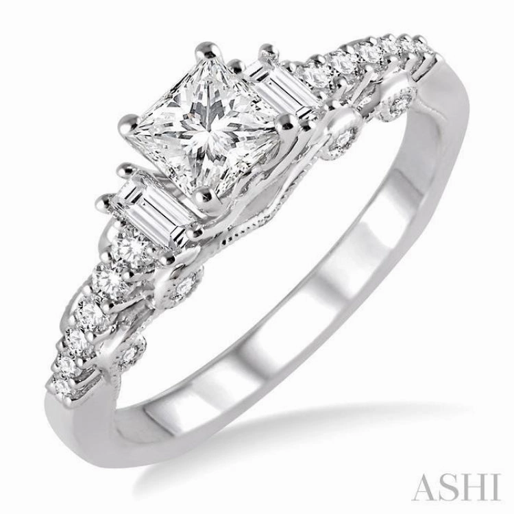 3/4 ctw Diamond Engagement Ring with 3/8 ct Princess Cut Center Stone in 14K White Gold