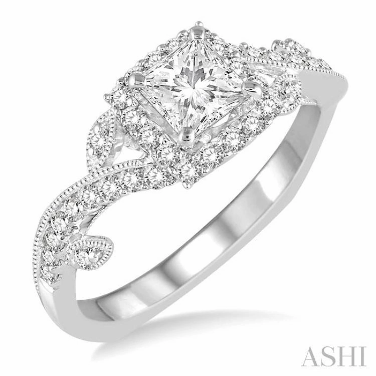 3/4 ctw Diamond Engagement Ring with 3/8 ct Princess Cut Center Stone in 14K White Gold