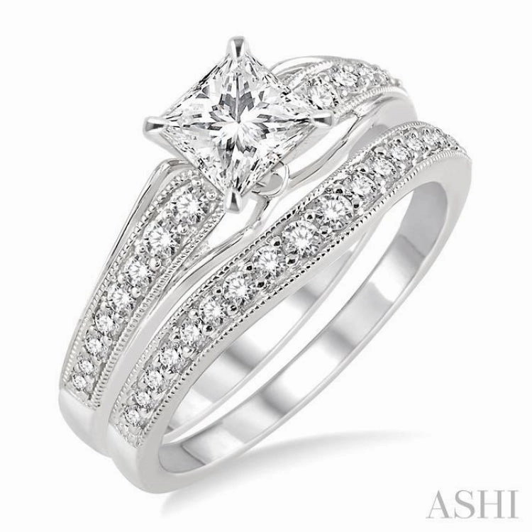 3/4 ctw Diamond Wedding Set with 5/8 ctw Princess Cut Engagement Ring and 1/5 ctw Wedding Band in 14K White Gold