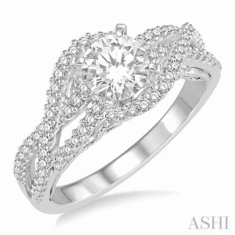 3/4 ctw Entwined Round Cut Diamond Ladies Engagement Ring with 3/8 ct Round Cut Center Stone in 14K White Gold