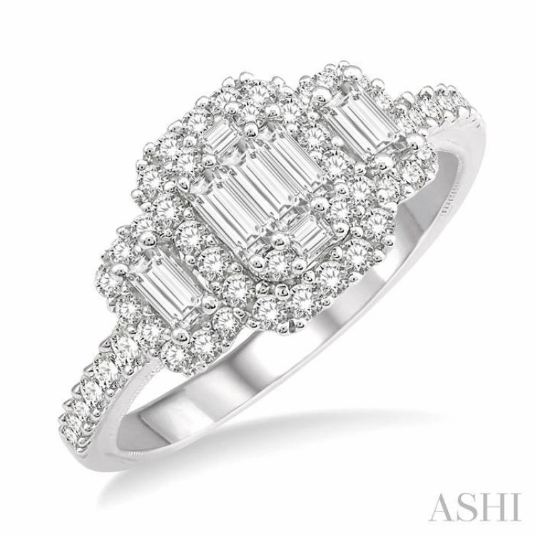 3/4 ctw Layered Round Cut and Baguette Diamond Ring in 14K White Gold