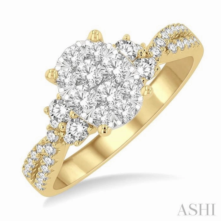 3/4 ctw Oval Shape Center Criss-Cross Shank Lovebright Round Cut Diamond Engagement Ring in 14K Yellow and White gold