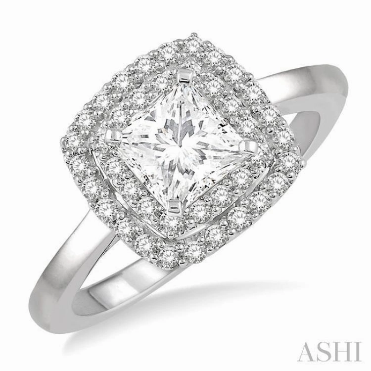 3/4 ctw Princess & Halo Round Cut Diamond Ladies Engagement Ring With 1/2 ct Princess Cut Center Stone in 14K White Gold