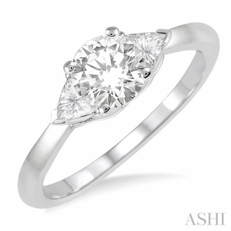 3/4 ctw Round and Triangle Cut Diamond Ladies Engagement Ring with 1/2 Ct Round Cut Center Stone in 14K White Gold