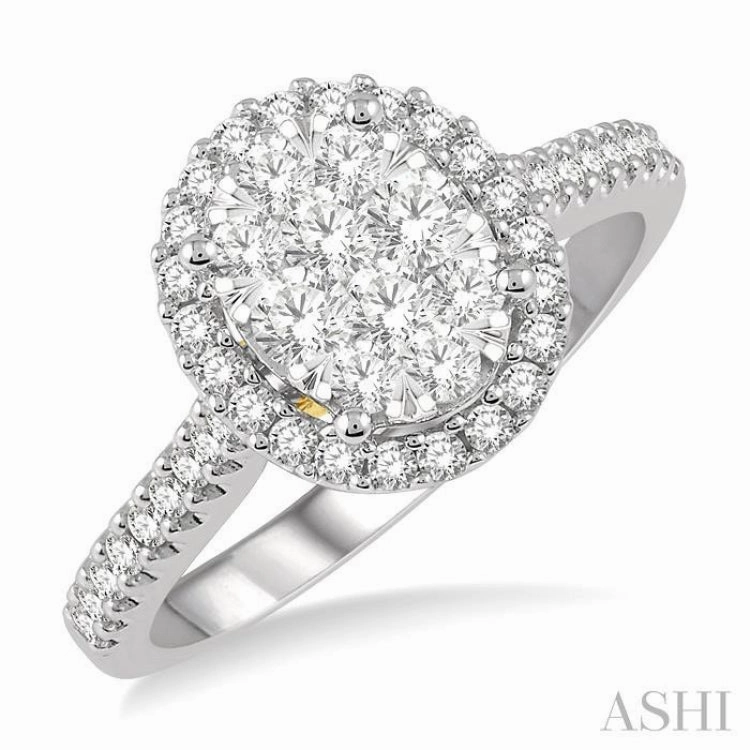 3/4 ctw Round Diamond Lovebright Oval Shape Halo Engagement Ring in 14K White and Yellow Gold