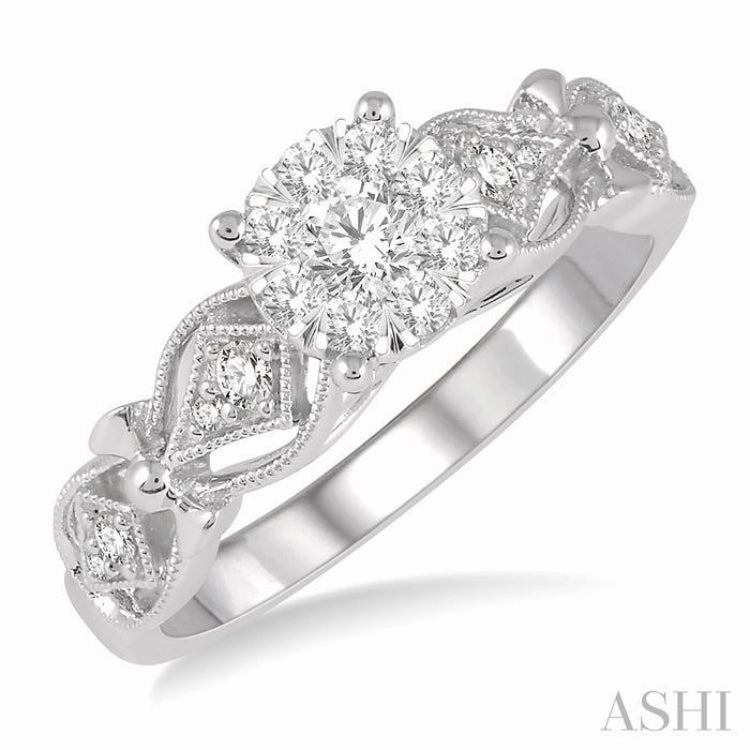 3/8 Ctw Circular Mount Lattice Lovebright Round Cut Diamond Ring in 14K White Gold