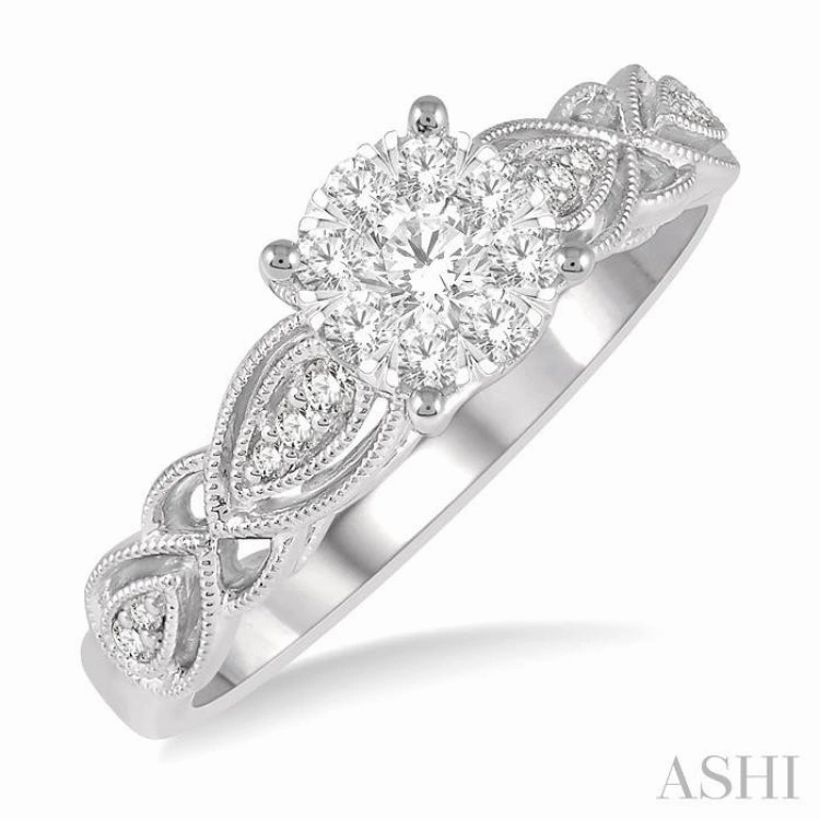 3/8 ctw Circular Mount Marquise Lattice Lovebright Round Cut Diamond Ring in 14K White Gold