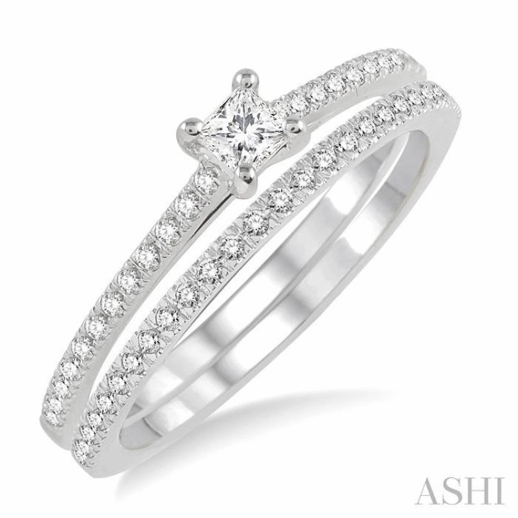 3/8 ctw Diamond Wedding Set with 1/3 ctw Princess Cut Engagement Ring and 1/10 ctw Wedding Band in 14K White Gold