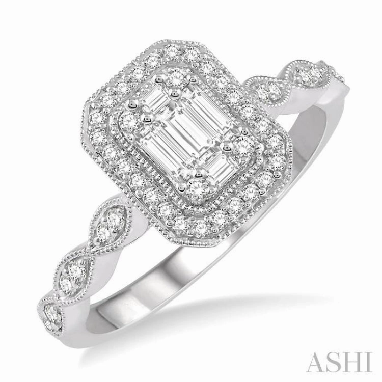 3/8 ctw Emerald Shape Round Cut and Baguette Diamond Fusion Engagement Ring in 14K White Gold