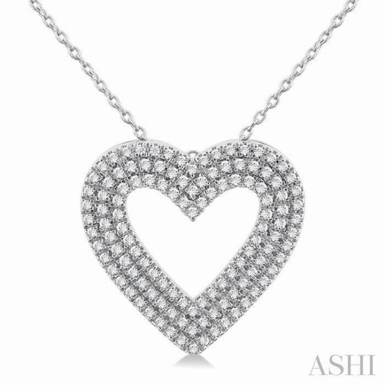 3/8 Ctw Heart Shape Triple Row Round Cut Diamond Fashion Pendant With Chain in 14K White Gold