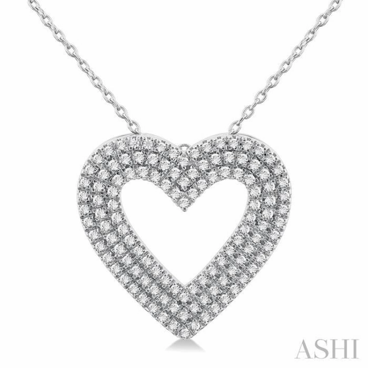 3/8 Ctw Heart Shape Triple Row Round Cut Diamond Fashion Pendant With Chain in 14K White Gold
