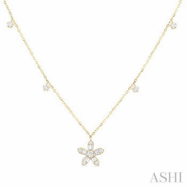 3/8 Ctw Petite Floral Dangle Baguette and Round Cut Diamond Station Necklace in 10K Yellow Gold