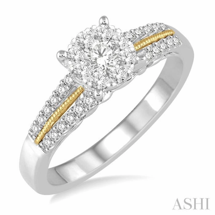 3/8 ctw Round Cut Diamond Lovebright Engagement Ring in 14K White and Yellow Gold