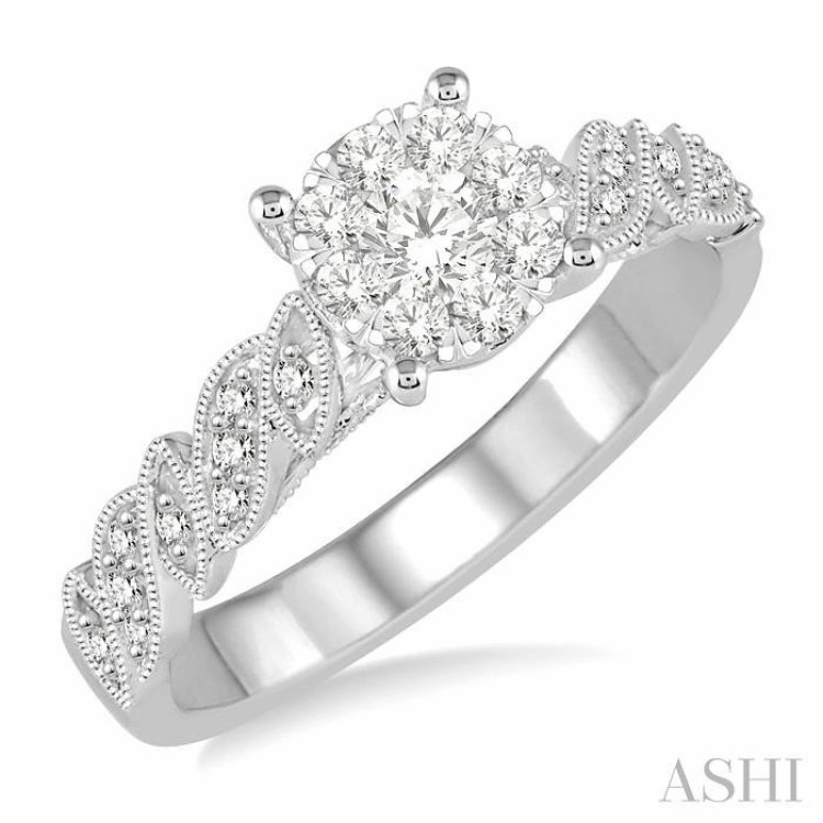 3/8 ctw Round Cut Diamond Lovebright Vintage Engagement Ring in 14K White Gold