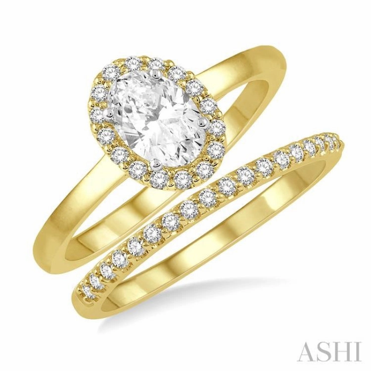 3/8 ctw Round Cut Diamond Wedding Set With 1/3 ct Oval Cut Engagement Ring and 1/10 ct Round Cut Diamond Wedding Band in 14K Yellow and White Gold