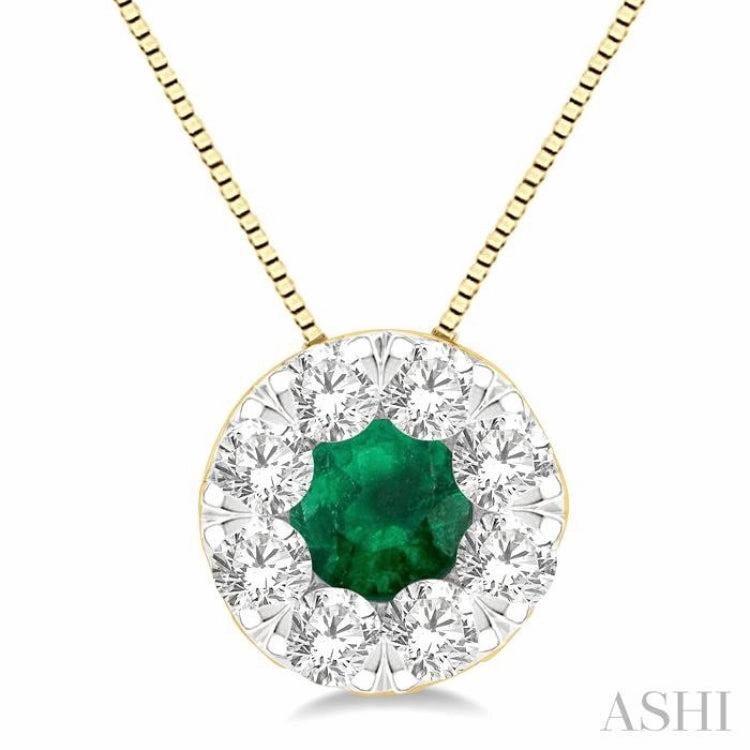 3.8 MM Emerald and 1/3 Ctw Round Cut Lovebright Diamond Precious Pendant With Chain in 14K Yellow and White Gold