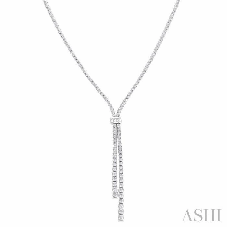 3 Ctw Split Y-Shape Baguette and Round Cut Diamond Lariat Necklace in 14K White Gold