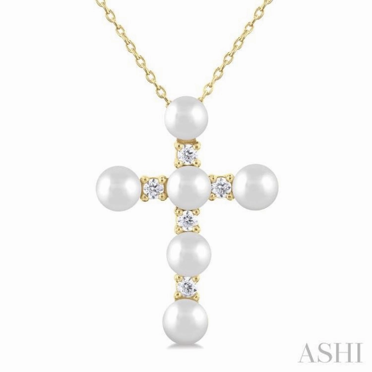 4 MM Cross Cultured Pearl and 1/6 Ctw Round Cut Diamond Fashion Pendant With Chain in 10K Yellow Gold