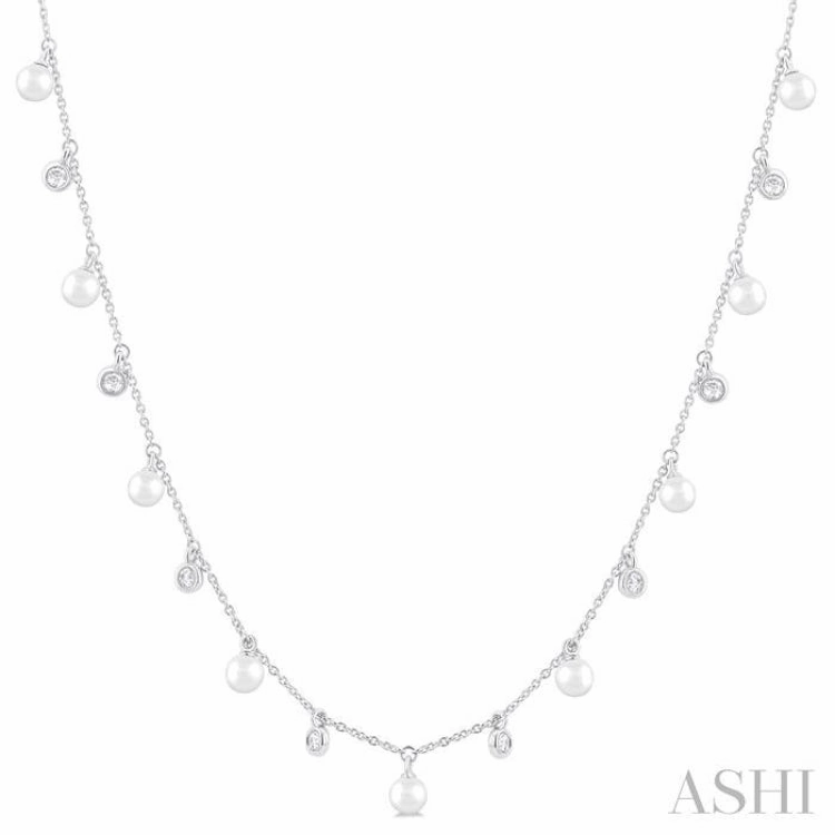 4 MM Round Shape Cultured Pearl and 1/4 Ctw Round Cut Diamond Station Necklace in 14K White Gold