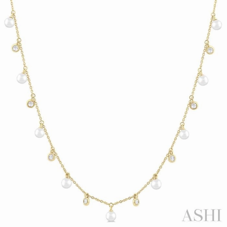 4 MM Round Shape Cultured Pearl and 1/4 Ctw Round Cut Diamond Station Necklace in 14K Yellow Gold