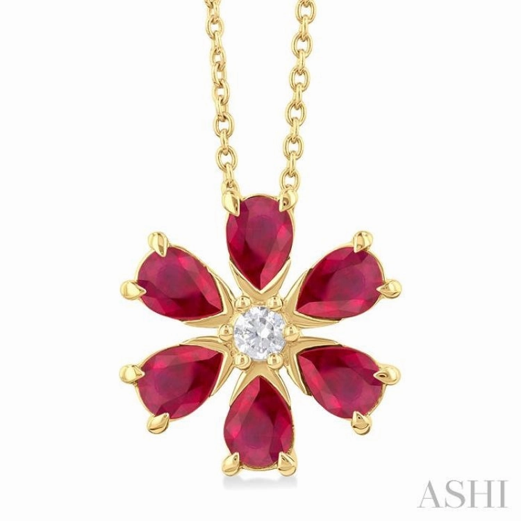 4X3 MM Floral Blossom Pear Cut Ruby and 1/20 ctw Round Cut Diamond Precious Pendant With Chain in 14K Yellow Gold