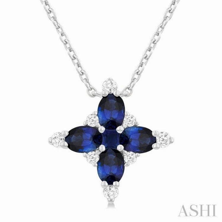 4x3 MM Oval Cut & 2 MM Princess Cut Sapphire and 1/10 Ctw Round Cut Diamond Floral Design Pendant With Chain in 14K White Gold
