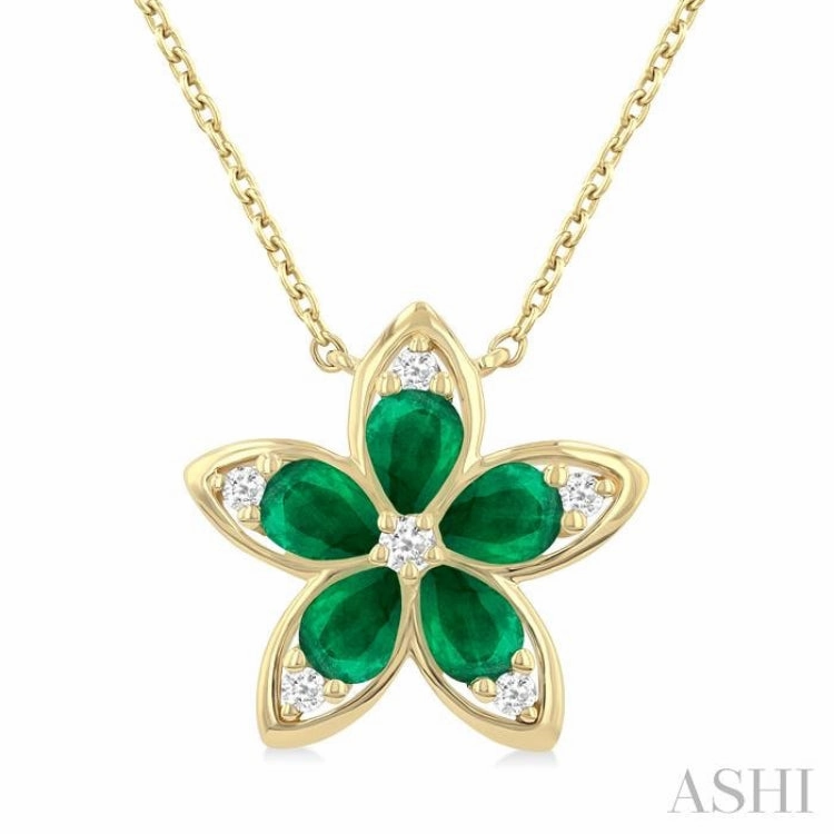 4x3 MM Pear Cut Emerald and 1/20 ctw Round Cut Diamond Floral Motif Pendant With Chain in 14K Yellow Gold
