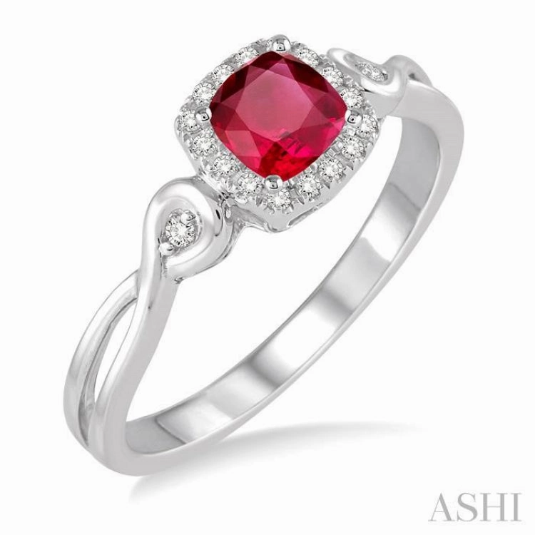 4x4 MM Cushion Shape Ruby and 1/10 Ctw Round Cut Diamond Ring in 10K White Gold