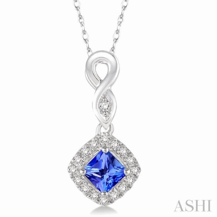 4x4 MM Cushion Shape Tanzanite and 1/10 Ctw Round Cut Diamond Pendant in 14K White Gold with Chain