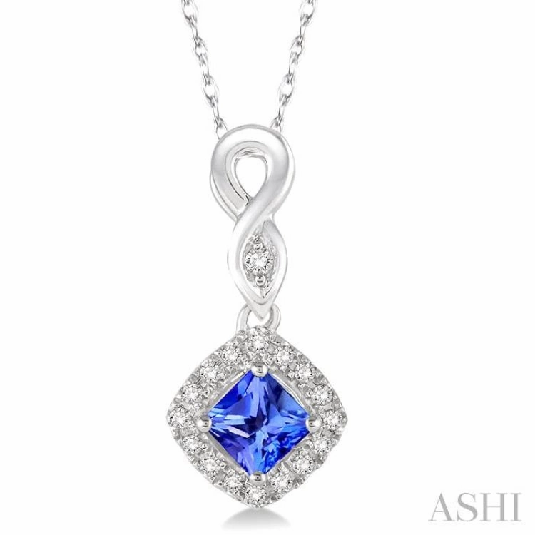 4x4 MM Cushion Shape Tanzanite and 1/10 Ctw Round Cut Diamond Pendant in 14K White Gold with Chain