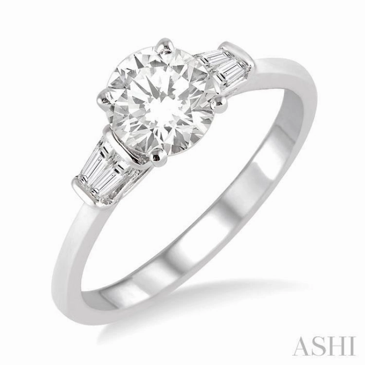 5/8 ctw Baguette and Round Cut Diamond Ladies Engagement Ring with 1/2 Ct Round Cut Center Stone in 14K White Gold