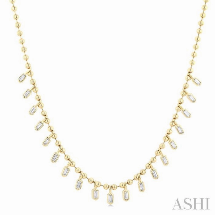 5/8 Ctw Baguette Cut Diamond Halfway Gold Bead Ball Chain Necklace in 14K Yellow Gold
