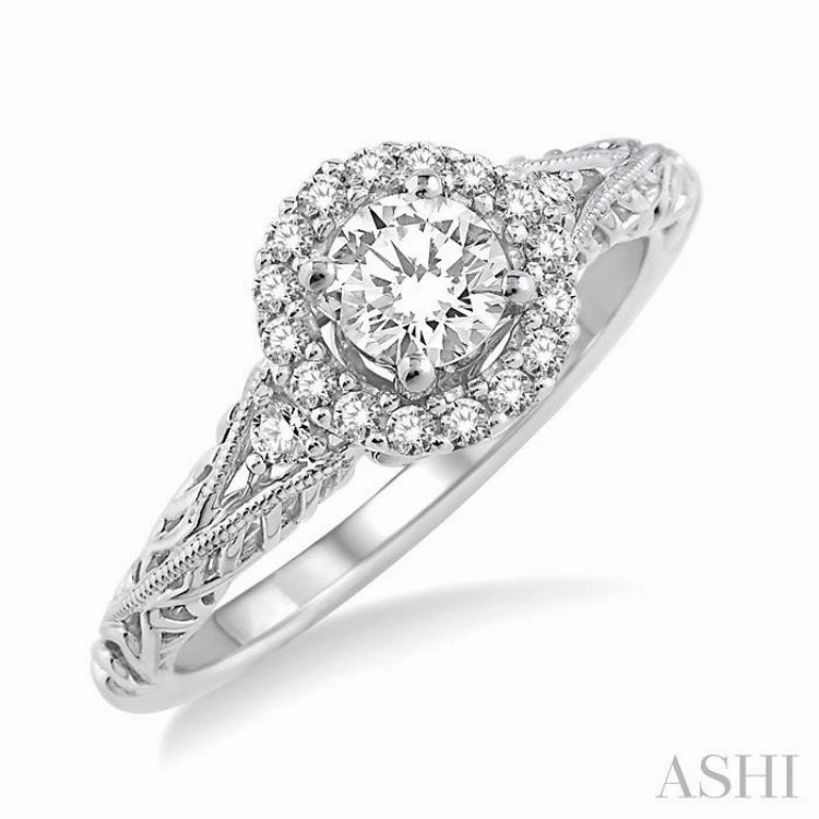 5/8 ctw Diamond Engagement Ring with 3/8 ct Round Cut Center Stone in 14K White Gold