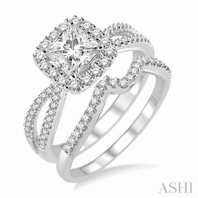 5/8 ctw Diamond Wedding Set with 1/2 ctw Princess Cut Engagement Ring and 1/6 ctw Wedding Band in 14K White Gold