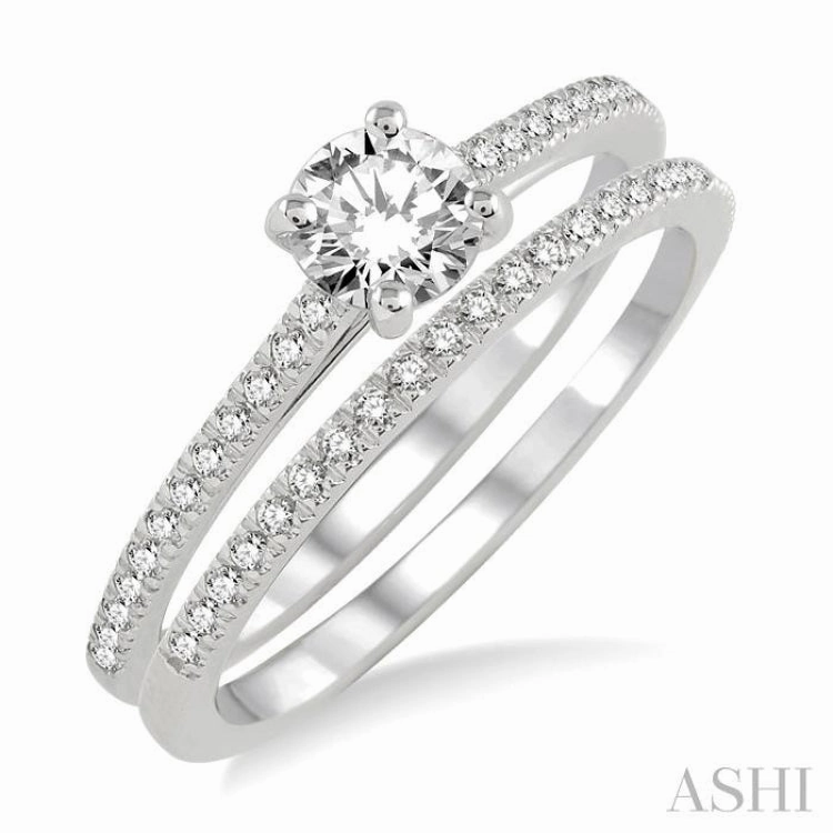 5/8 ctw Diamond Wedding Set with 1/2 ctw Round Cut Engagement Ring and 1/10 ctw Wedding Band in 14K White Gold