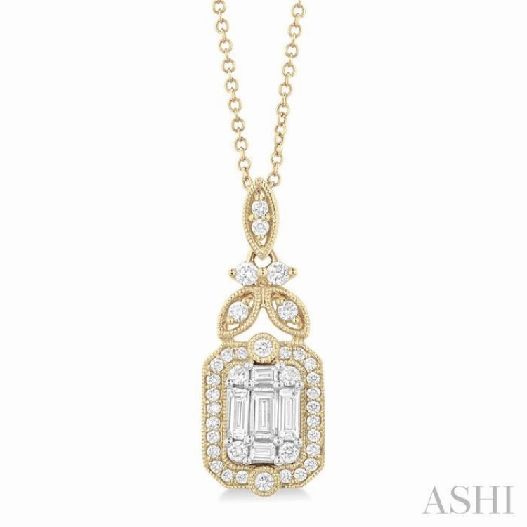 5/8 Ctw Fusion Baguette and Round Cut Diamond Fashion Pendant With Chain in 14K Yellow and White Gold