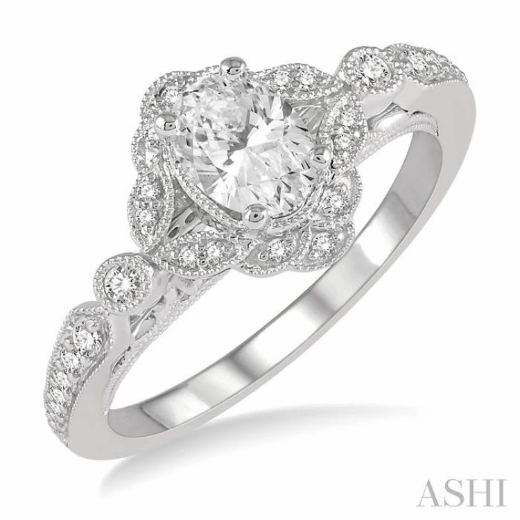 5/8 ctw Lattice Oval and Round Cut Diamond Ladies Engagement Ring with 3/8 Ct Oval Cut Center Stone in 14K White Gold