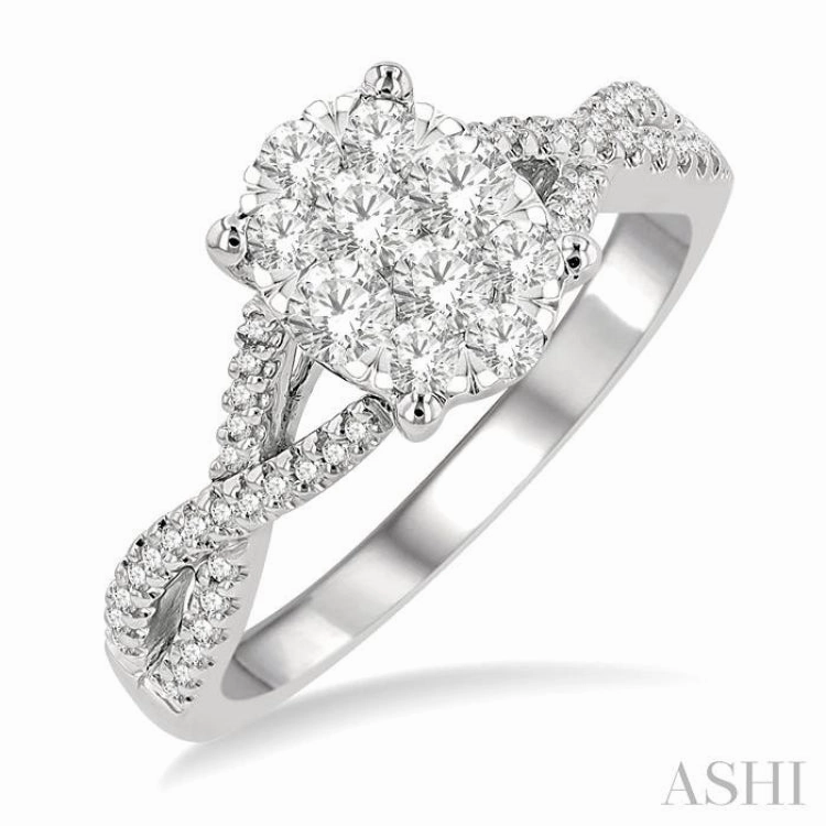5/8 ctw Oval Shape Center Split Criss-Cross Shank Lovebright Round Cut Diamond Engagement Ring in 14K White Gold